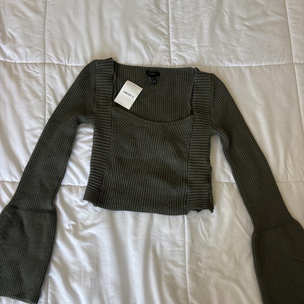 Forever 21 Olive Ribbed Long-Sleeve Square Crop Top